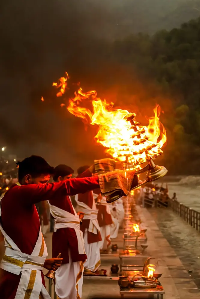 Ganga aarti flames by the river