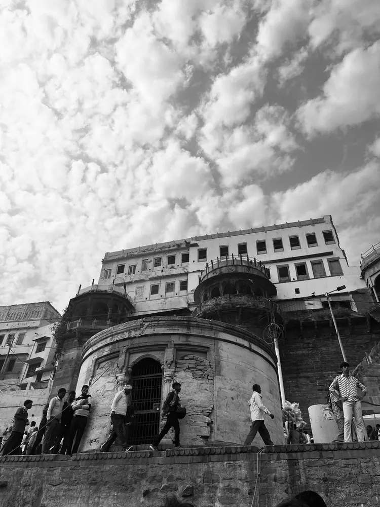 Black and white heritage building and street