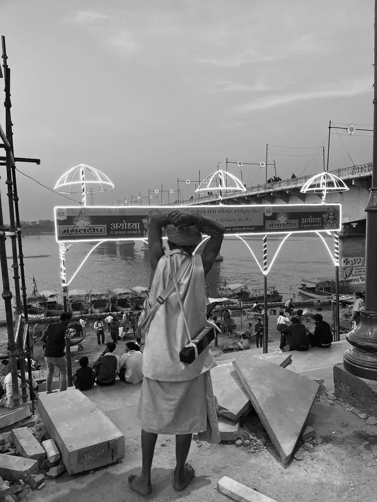 Black and white river ghat view